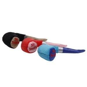 Three-piece set of plush pipe dog toys in black red and blue featuring No Smoking text