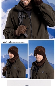 Outdoor winter thermal set featuring a brown knit hat, scarf and gloves with fleece lining