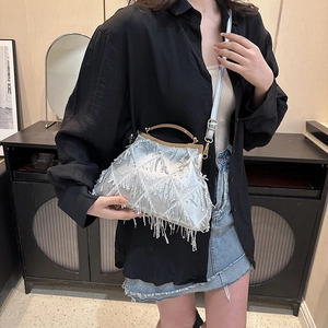 Silver sequin dinner bag with fringes and gold handle worn on a model's shoulder