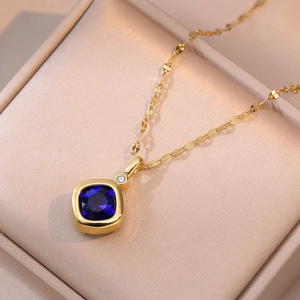 Elegant gold square blue gemstone necklace for women with small diamond accents