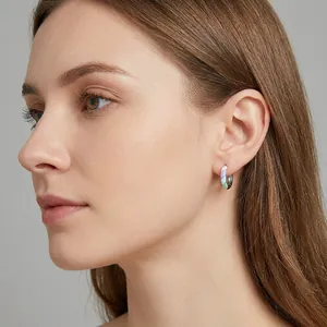 Elegant S925 sterling silver rainbow hoop earrings with colorful stripes for women