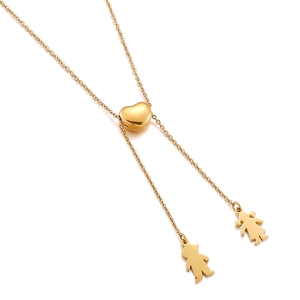 Collier en Y doré en acier inoxydable avec curseur cœur et pendentifs garçon et fille