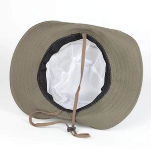 Detail of army green sun hat with breathable mesh lining and adjustable chin strap
