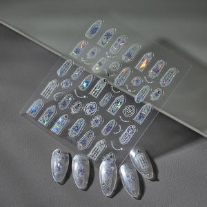 Stained glass flower nail stickers with iridescent laser effect on five false nails