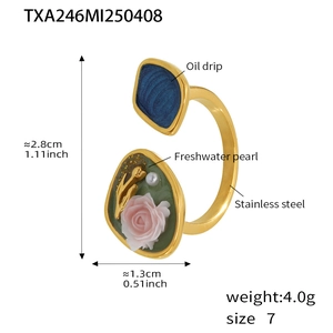 Dettagli su dimensioni e peso di un anello rosa dorato con smalto blu e perla