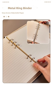 Detail of A5 denim notebook featuring metal loose-leaf binder and card storage slots