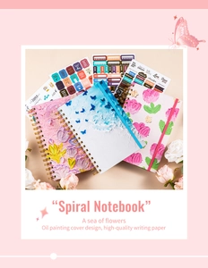 Detailed view of spiral notebooks with 3D oil painting floral covers and planning stickers