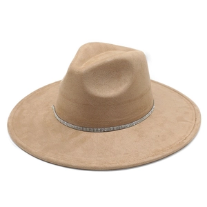 Close-up of camel faux suede fedora hat with triple-row sparkling rhinestone band detail