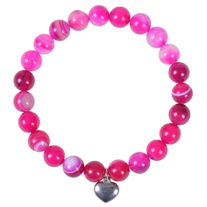 Detailed view of 8mm pink zebra stone beaded bracelet with polished silver heart charm