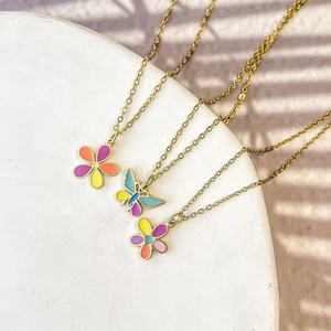 Golden stainless steel necklace set with colorful enamel flower and butterfly charms