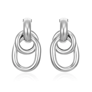 Polished silver stainless steel interlocking double hoop earrings for women with studio lighting
