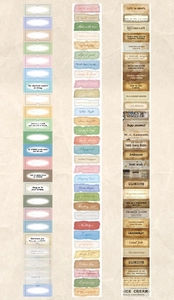 Detailed view of vintage labels and modern typography washi tape strips for DIY journaling