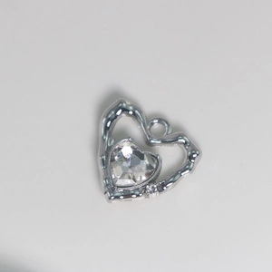 Silver alloy heart pendant with center crystal and rippled texture for DIY jewelry