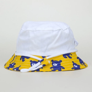 Cappello parasole per bambini giallo e bianco con orsetti blu e cordino regolabile