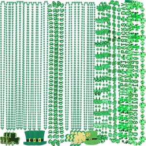 Green St. Patrick's Day beaded necklaces with clover pendants and festive top hat charms