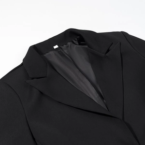 Detailed close-up of notched lapels and premium satin lining on a black blazer
