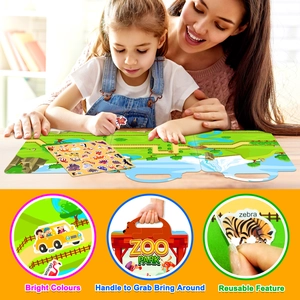 Reusable cartoon animal sticker book detail showing portable handle and colorful PVC decals