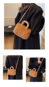 Three-view montage of brown plush box bag with leather strap on a fashion model