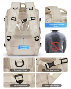 Características detalladas de mochila de viaje beige con panel trasero transpirable