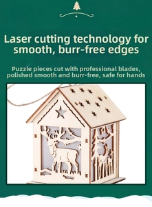 Detail of laser-cut wooden Christmas house ornament featuring reindeer and forest patterns