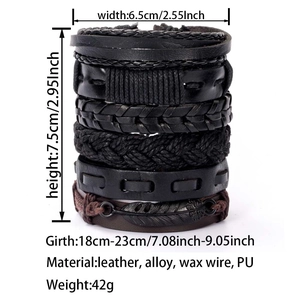 Detailed size chart for multilayer leather braided bracelets with material specifications