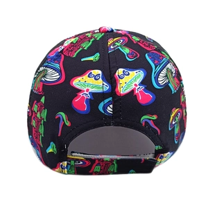 Adjustable back strap detail of black baseball cap with colorful cartoon mushroom patterns