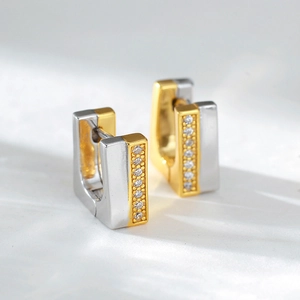Boucles d'Oreilles Créoles Carrées en Argent Sterling 925 Bicolore Or Argent Contraste Strass Bijoux Géométriques Minimalistes Femme