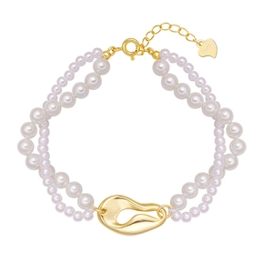 Double-layered 925 silver coffee bean bracelet with white pearls and heart charm