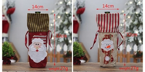 Detail of Christmas wine bottle bags showing Santa and Snowman designs with 14x32cm dimensions