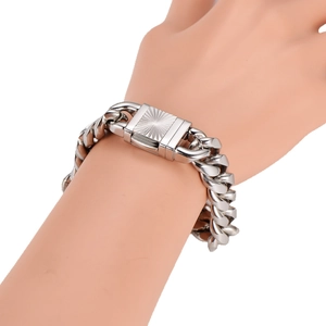 Silver cuban chain bracelet for men with square sunburst engraved metal clasp