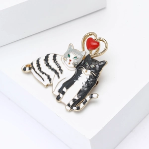 Cute enamel cat couple brooch with heart design on minimalist geometric stand