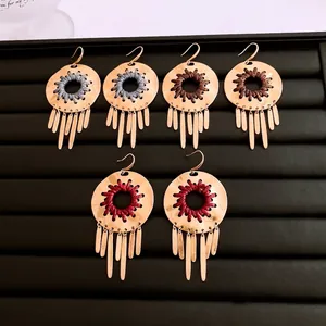 Bohemian hollow round pendant tassel earrings set in blue, brown and red colors