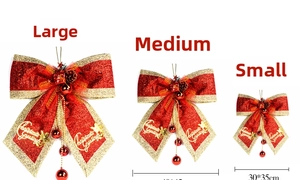Three-piece red and gold Christmas bows in large, medium, and small sizes with glitter details