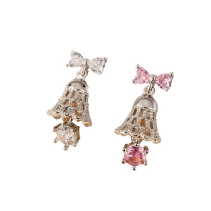 Titanium bow knot bell earrings with crystal pendants in silver and rose gold finish
