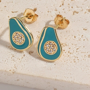 Detail of avocado earrings with gold plating, green enamel, and white zircon inlay