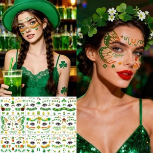 Detailed view of St. Patrick's Day shamrock and rainbow temporary facial tattoo stickers