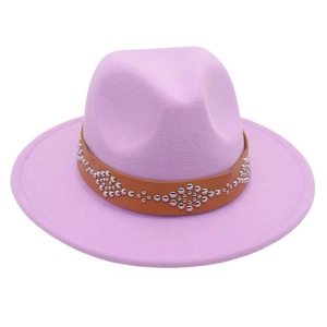 Detail of lavender fedora hat showing dark brown band with silver metal rivet studs