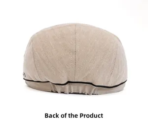 Back view of beige herringbone flat cap featuring elastic band and textured fabric