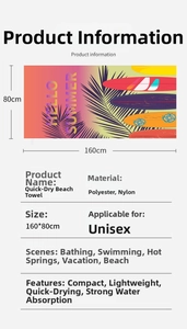 Detail view of 160x80cm microfiber beach towel with Hello Summer print and palm leaf pattern
