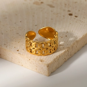 Double-layer chain hollow ring in gold-tone stainless steel with adjustable opening