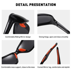 Detail view of sport sunglasses with orange rubber pads and anti-slip curved temples