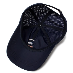 Navy blue breathable baseball cap with laser-cut holes and adjustable metal buckle