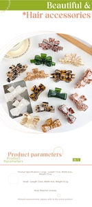 Detailed size specifications for acetate bow hair claws in marble and leopard patterns