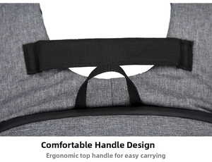 Detail of ergonomic padded top handle on a grey polyester laptop backpack with sturdy webbing