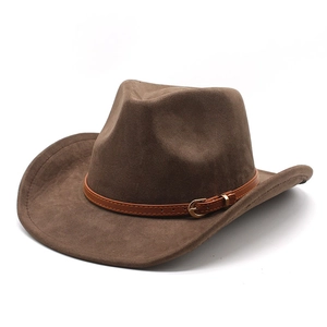 Brown faux suede western cowboy hat with a decorative leather belt and gold metal buckle