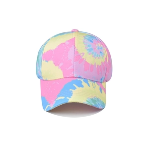 Tie-dye gradient baseball cap in pink, yellow, blue, and green with a curved brim design