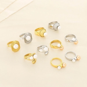 Stainless Steel Ring Shell Artificial Pearl Inlay Geometric Textured Exaggerated French Style Luxury Fashion Jewelry Women