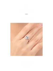 Detailed view of S925 sterling silver evil eye ring with blue stone on finger