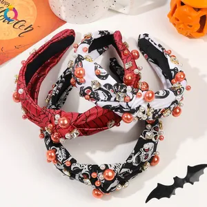 Three-piece Halloween headbands with rhinestones, pearls and skulls for women