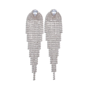 Silver tassel earrings with sparkling teardrop zircons and long dangling crystal chains